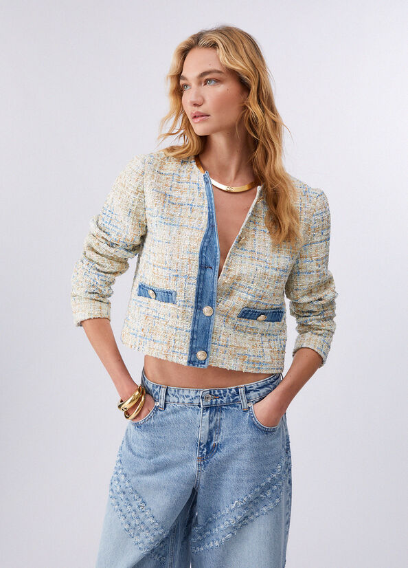 Giacca boucl&eacute; con dettagli in denim