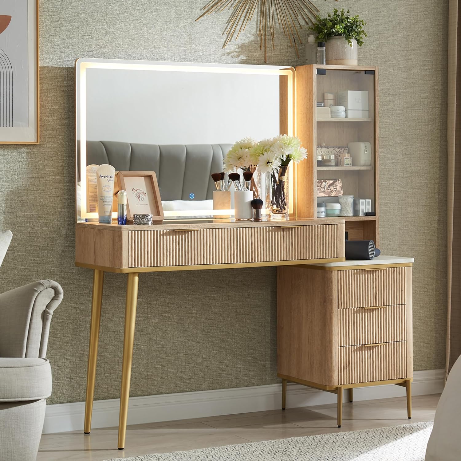T4TREAM Fluted Makeup Vanity Desk with 36 HD Lighted Mirror, 48 Big Modern Vanity Desk with Mirror and Lights, Dressing Table with 5 Drawers & Shelves, Glass Top for Bedroom (Natural Oak)