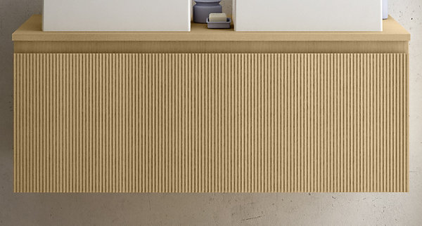 Meuble vasque suspendu plaqué chêne miel strié l.120 cm   plan de toilette plaqué chêne miel pour 2 vasques, Pura