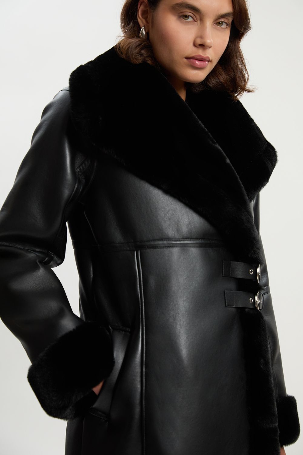 KarenMillen Faux Shearling Oversize Collar Buckle Midi Coat