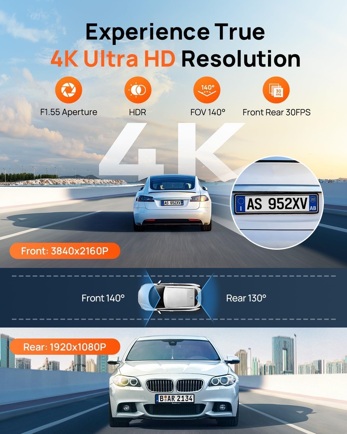 70mai 4K Dash Cam Front and Rear  Built in Wi-Fi 6 & GPS Car Camera  Super Night Vision  ADAS  3'' IPS Screen  24H Parking Mode  Time-Lapse  Loop Recording  with 128GB Card (A800SE)