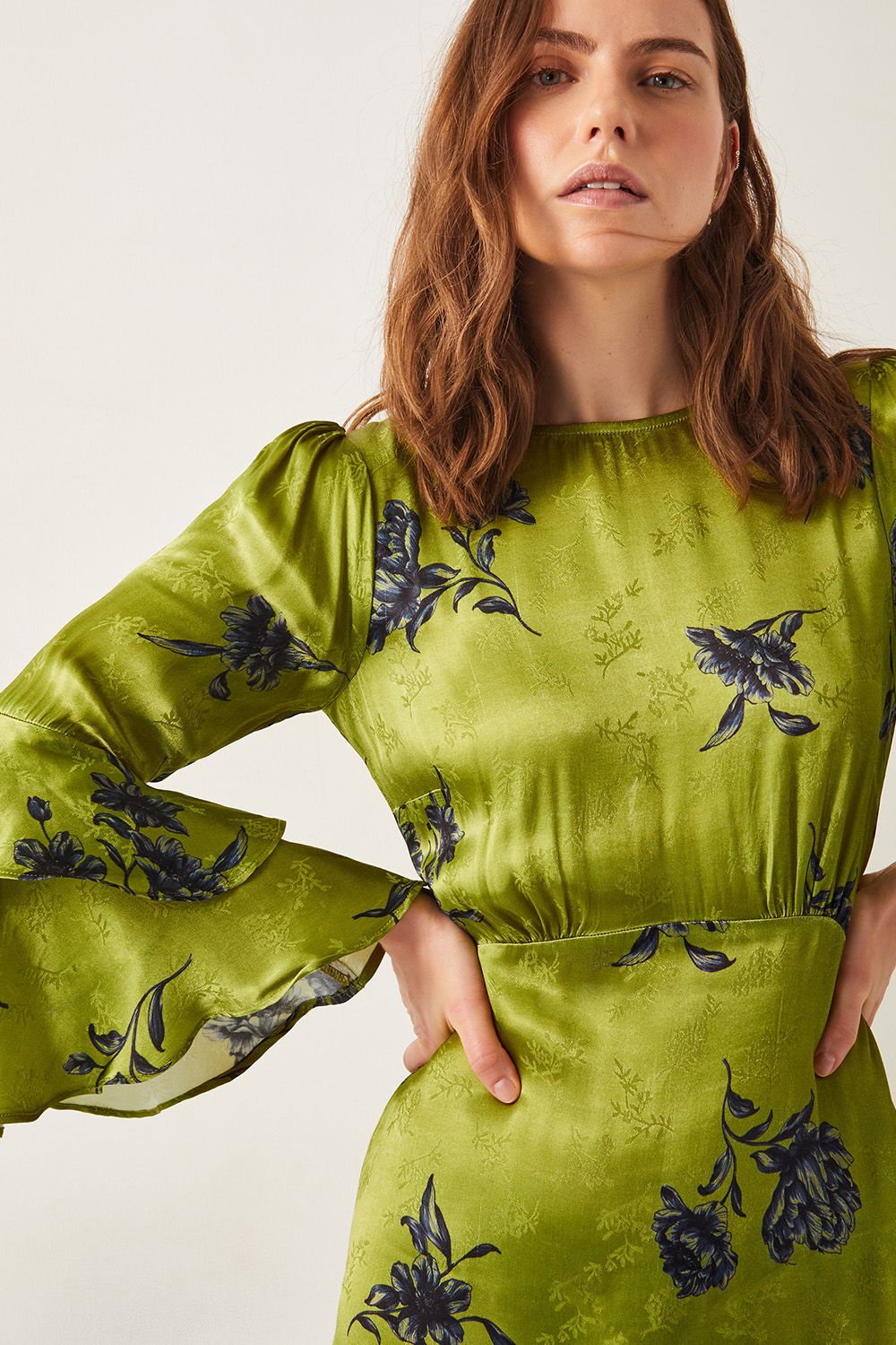 Monsoon Pelia Satin Ruffle Midi Dress Green
