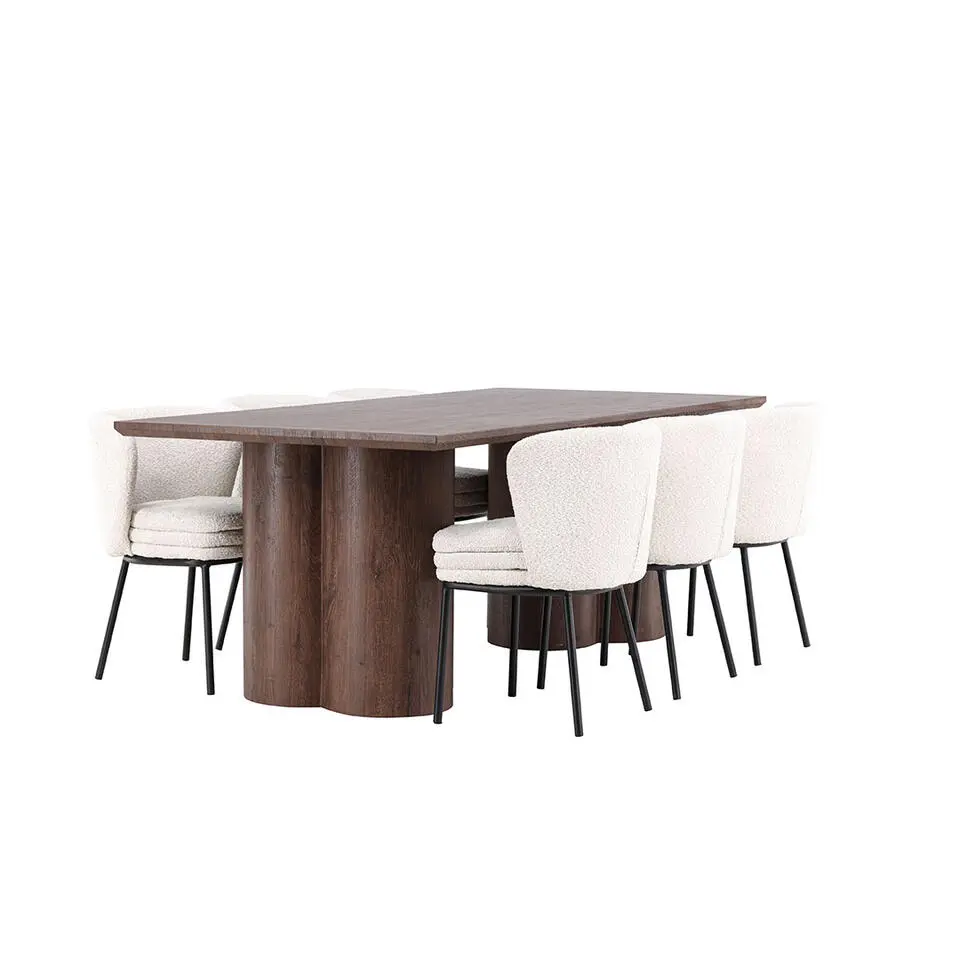 Hioshop Olivia eethoek tafel 100x210cm en 6 boucl&eacute; stoelen mocca