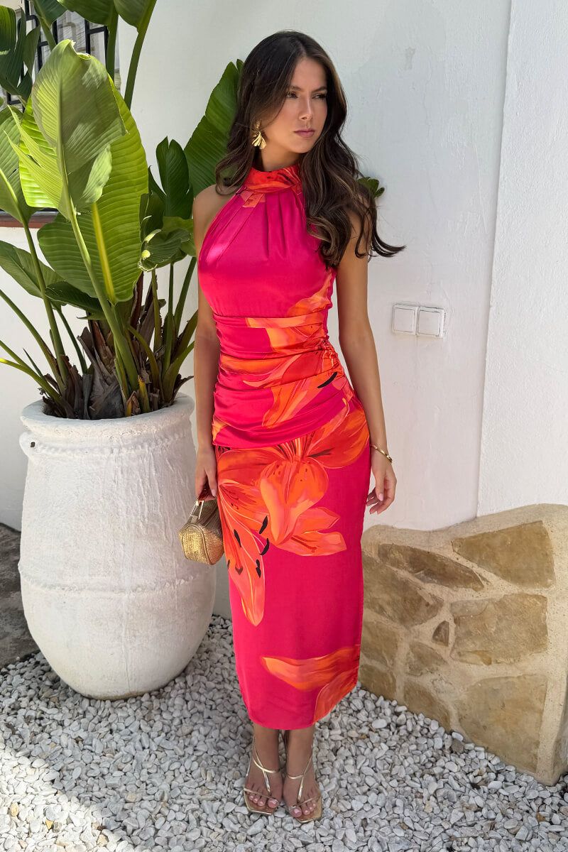 AX Paris Pink And Orange Floral Print Halter Neck Midi Dress