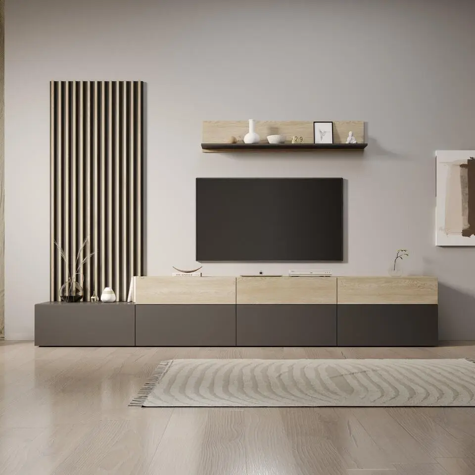 Meubella - Nobu - Wandmeubel - Grijs/Eikenpatroon - 300x40x209 cm