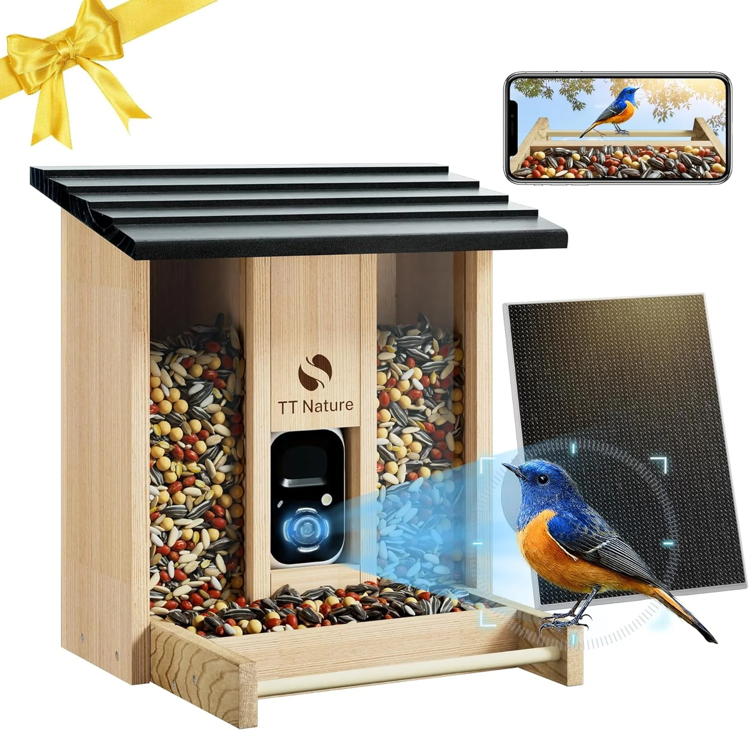 Feeder with Camera, Upgraded Smart Bird Feeder with Solar Powered, AI Identify for 10000 Plus Bird Species, Auto Capture Bird  Real-time Notifications, Ideal Gift for Bird Lovers(Black)