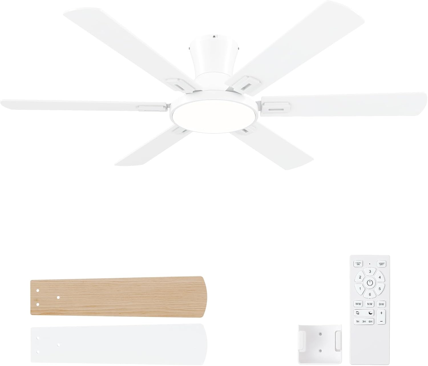 52 Inch White Ceiling Fans with Lights and Remote,Flush Mount Low Profile 6 Blades Ceiling Fan with 10 Inch Lighting Fixture,Quiet Reversible DC Motor for Living Room,Bedroom and Patio