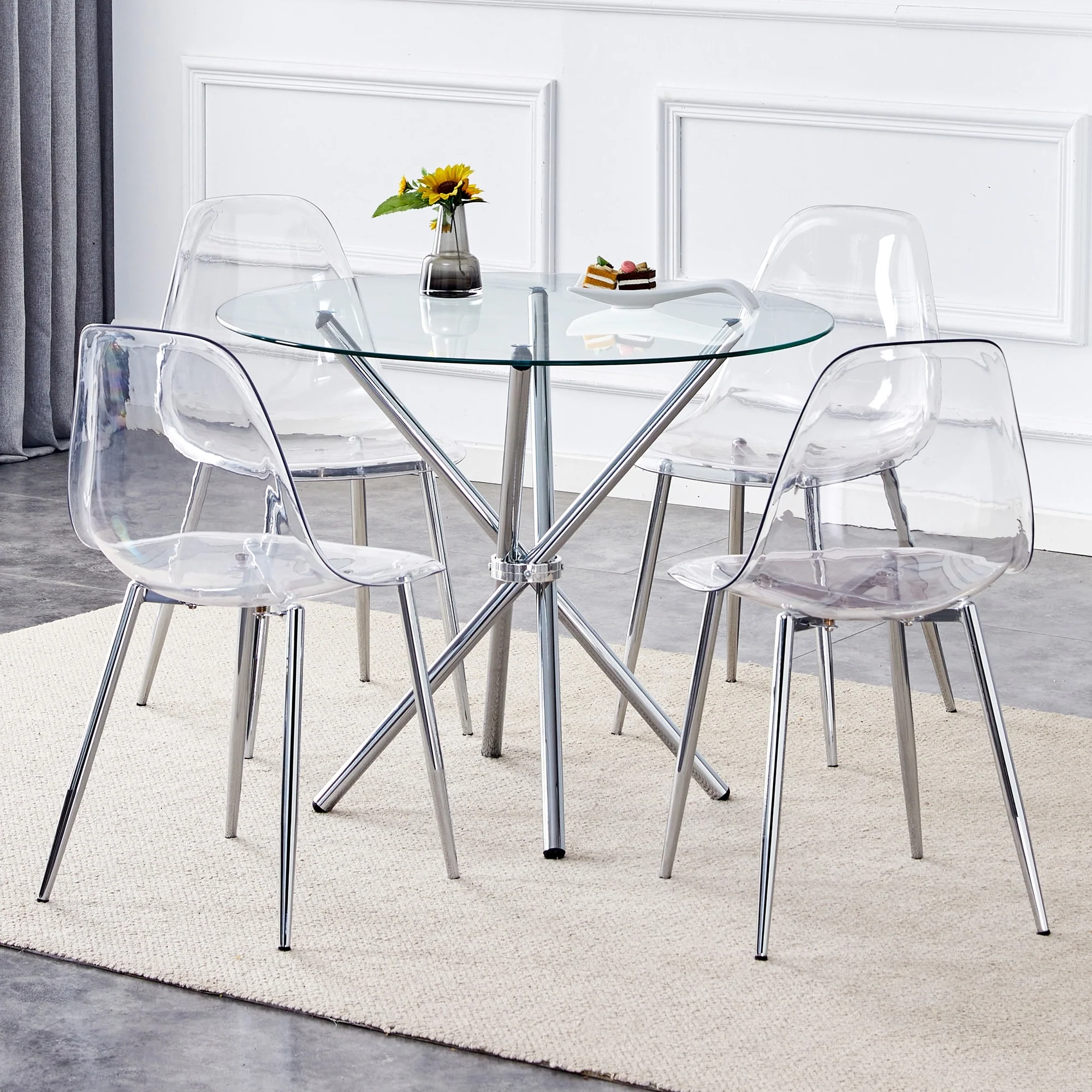 Modern Style 5-Piece Dining Set with Round Clear Glass Table and 4 PP Transparent Dining Chairs