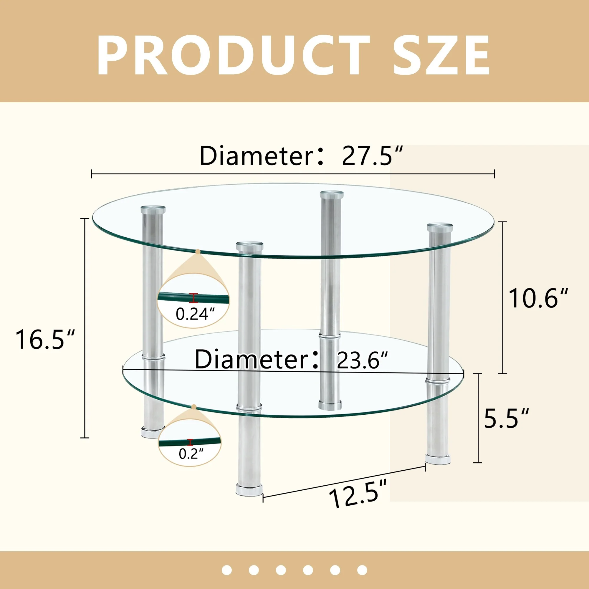 Contemporary Minimalist Double Layer Tempered Glass Coffee Table,Reinforced Glass Tabletop,Stainless Steel Plated Legs