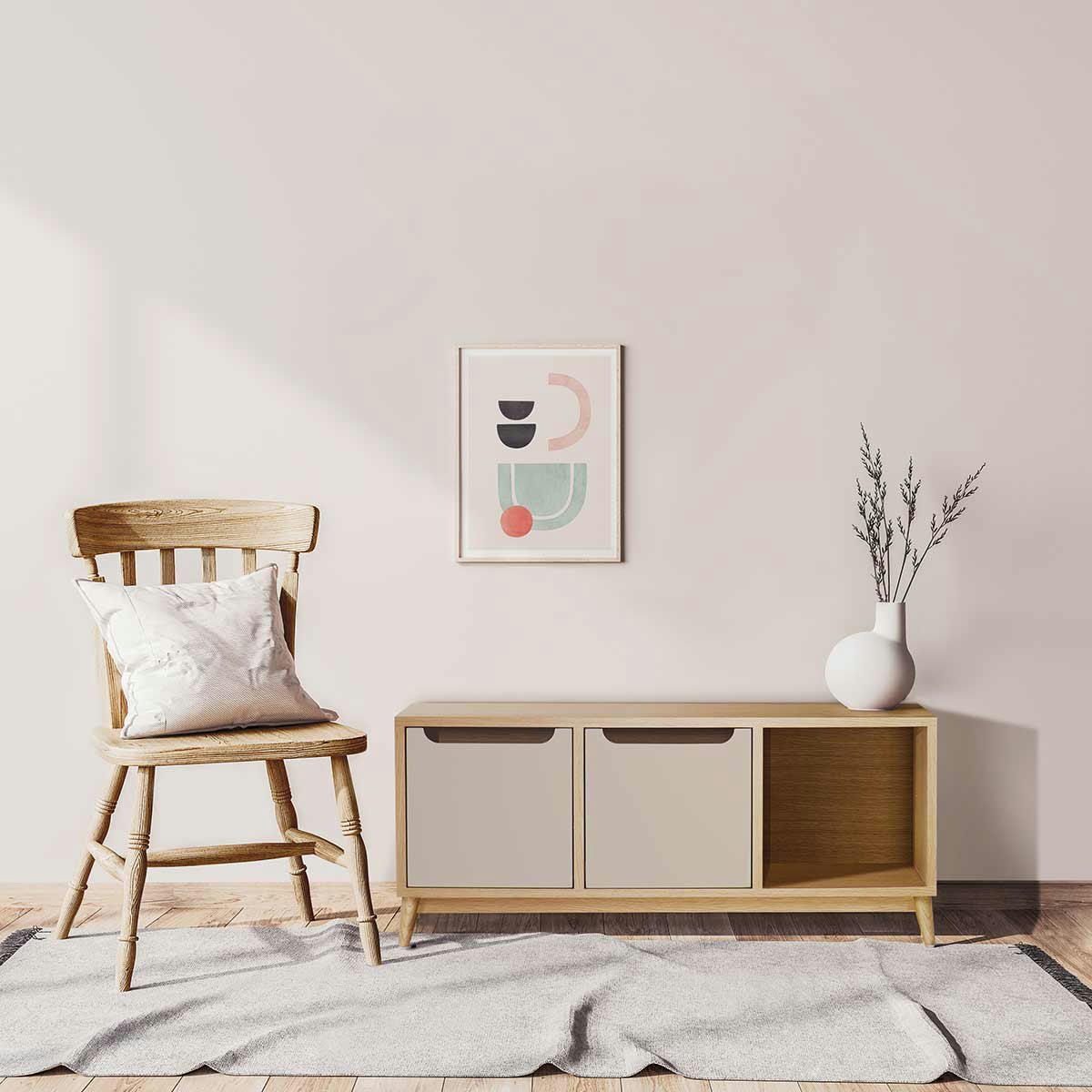 KILT - Meuble bas, 2 portes, 1 niche de rangement, chêne et beige havane.