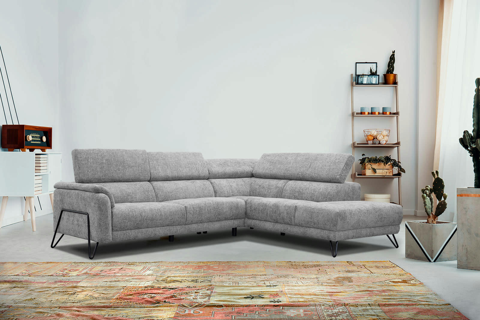 RODEN - Canapé d'angle droit 5 places tissu gris