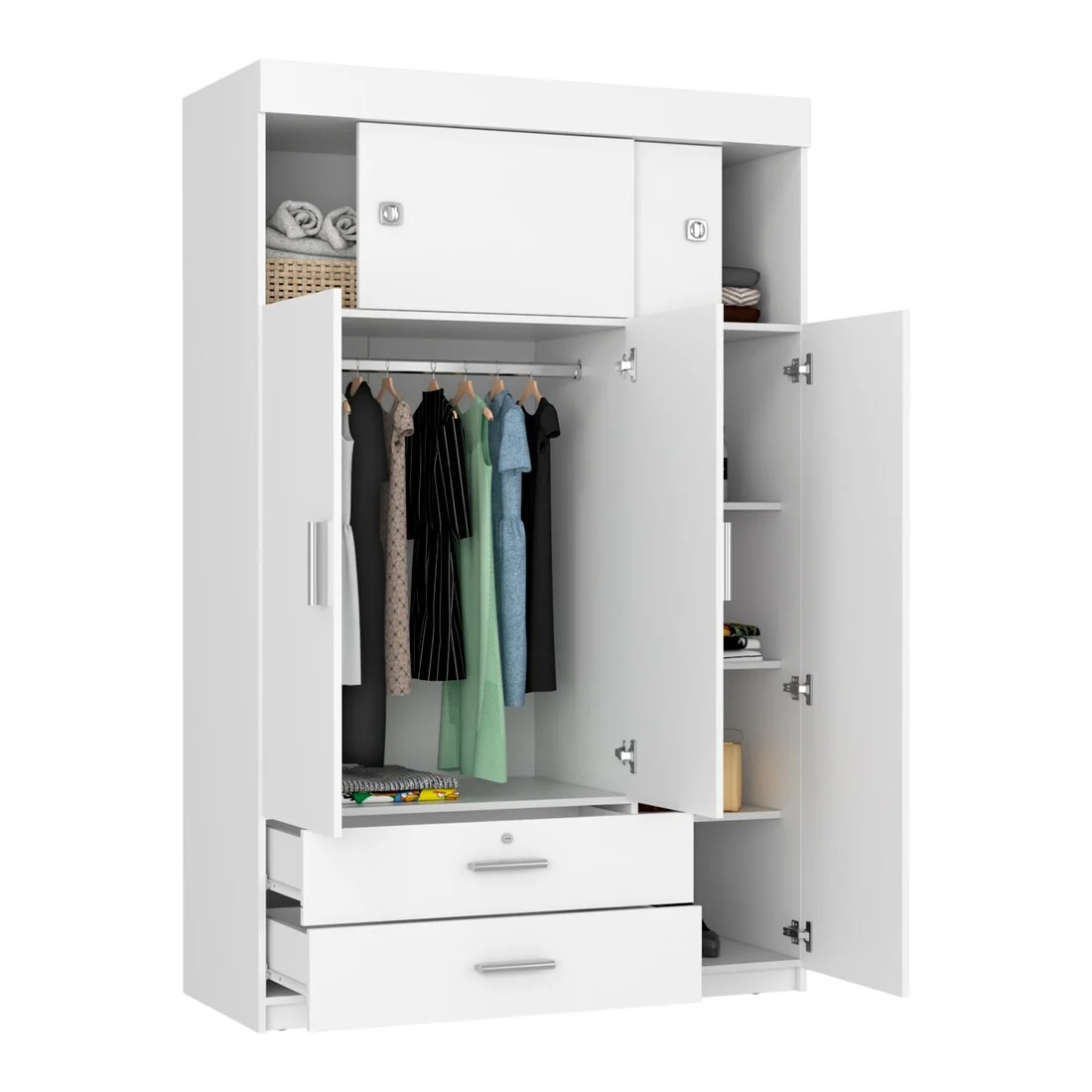 Modern Storage Armoire with Hanging Rod, Two Spacious Drawers and Four Interior Shelves