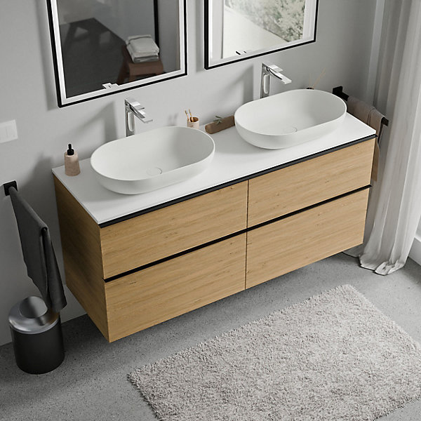 Meuble sous vasque suspendu MDF Chêne miel, plan vasque Blanc mat, poignée Noir mat - 140x46x62cm - LAVOA