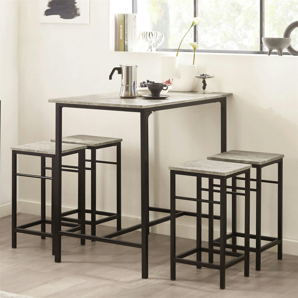 - Set de 1 table et 4 tabourets de bar effet bois gris