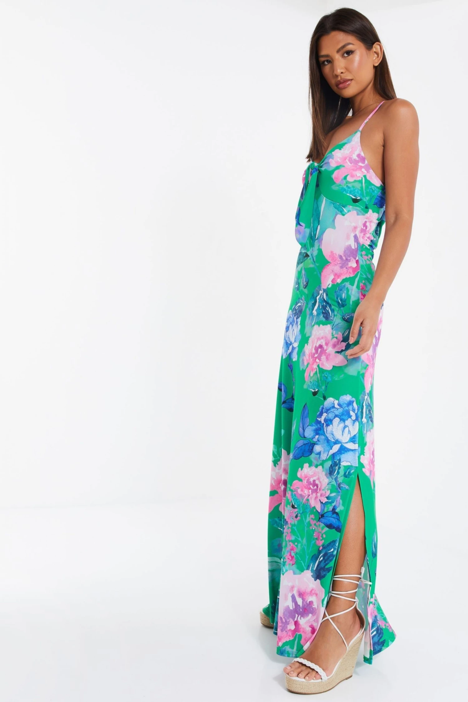 Quiz Green Multi Floral Strappy Maxi Dress