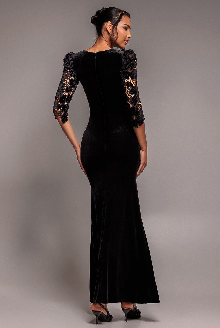 Goddiva Scalloped Velvet Crochet Maxi Dress
