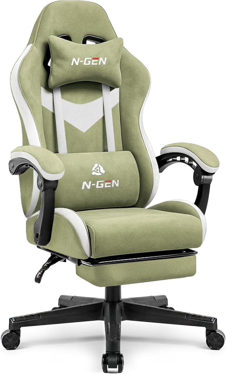 N-GEN GAMING Video Gaming Chair with Footrest Lumbar Support for Home Office High Back Recliner Height Adjustable Ergonomic Comfy Fabric Computer Desk Chair (Green)