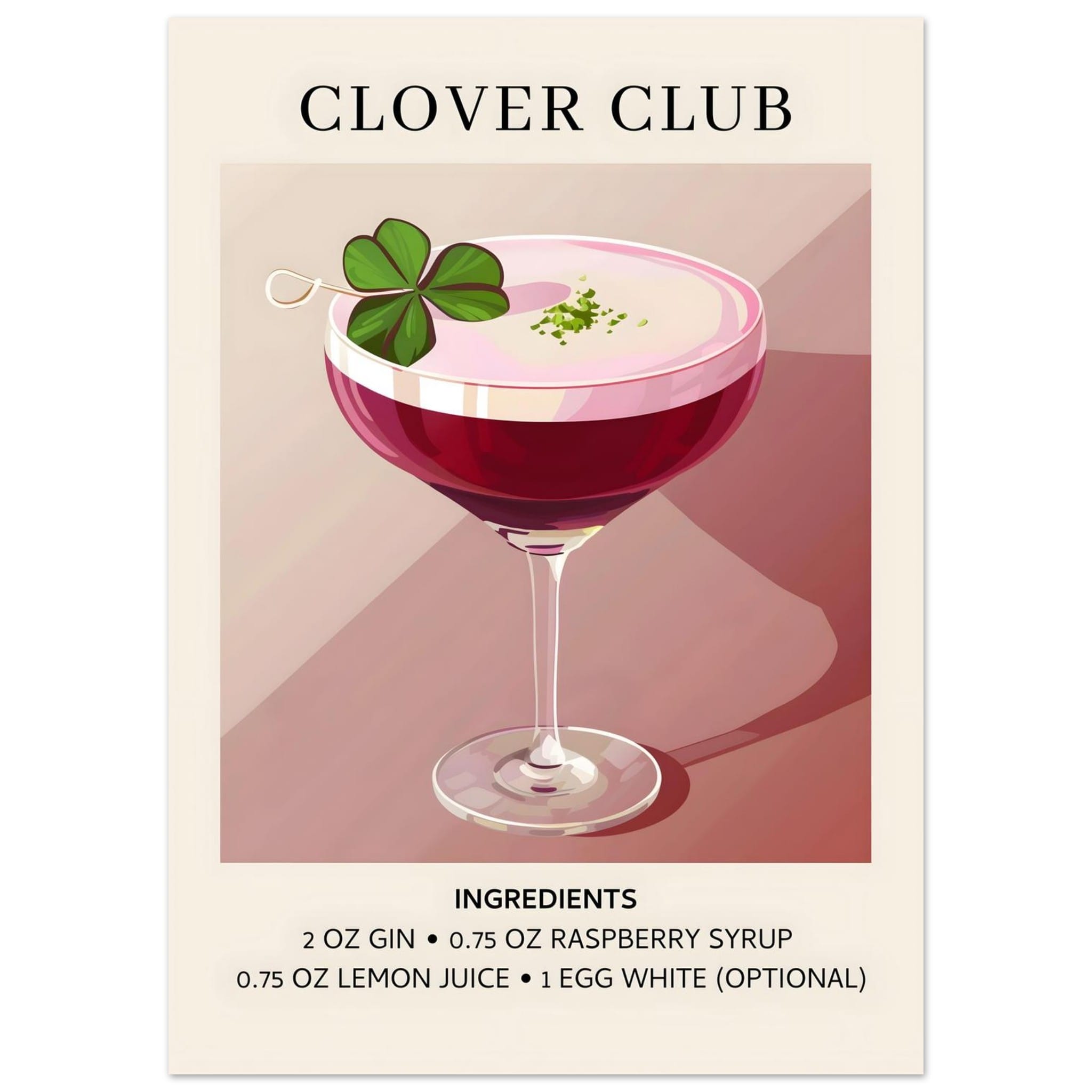 Artfulprints Poster Clover Club cocktail - Ingrediënten  - 50x70 cm - Roze