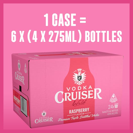 Vodka Cruiser Wild Raspberry, Refreshing Flavoured Pre-Mixed Vodka Drink, 4.6% ABV, 275mL (Case of 24 Bottles)