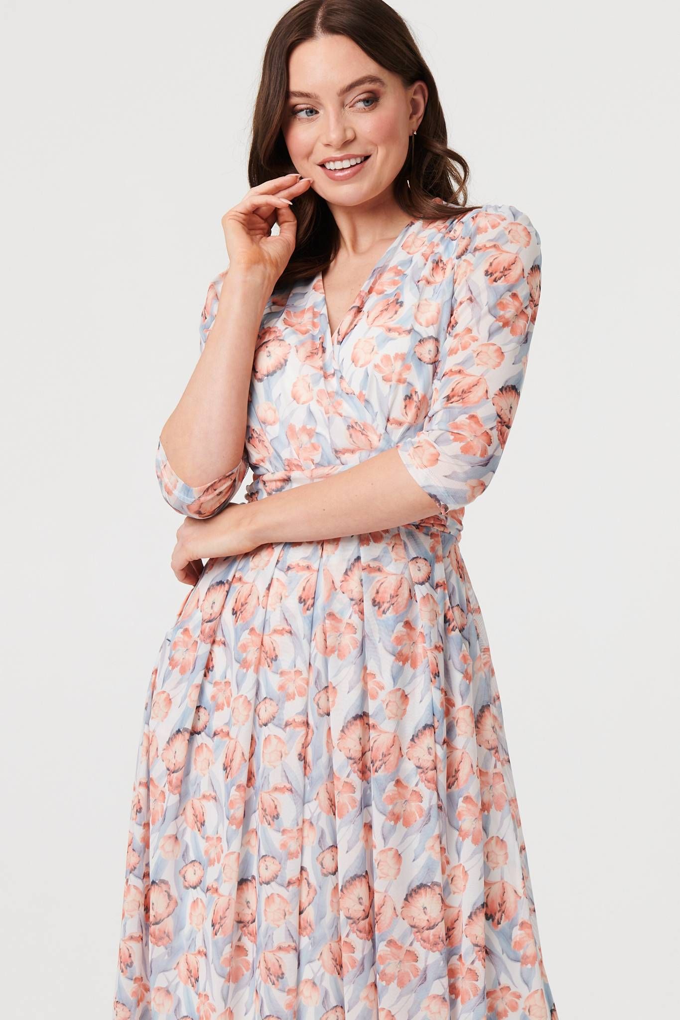 Izabel London Floral 3/4 Sleeve Pleat Midi Wrap Dress