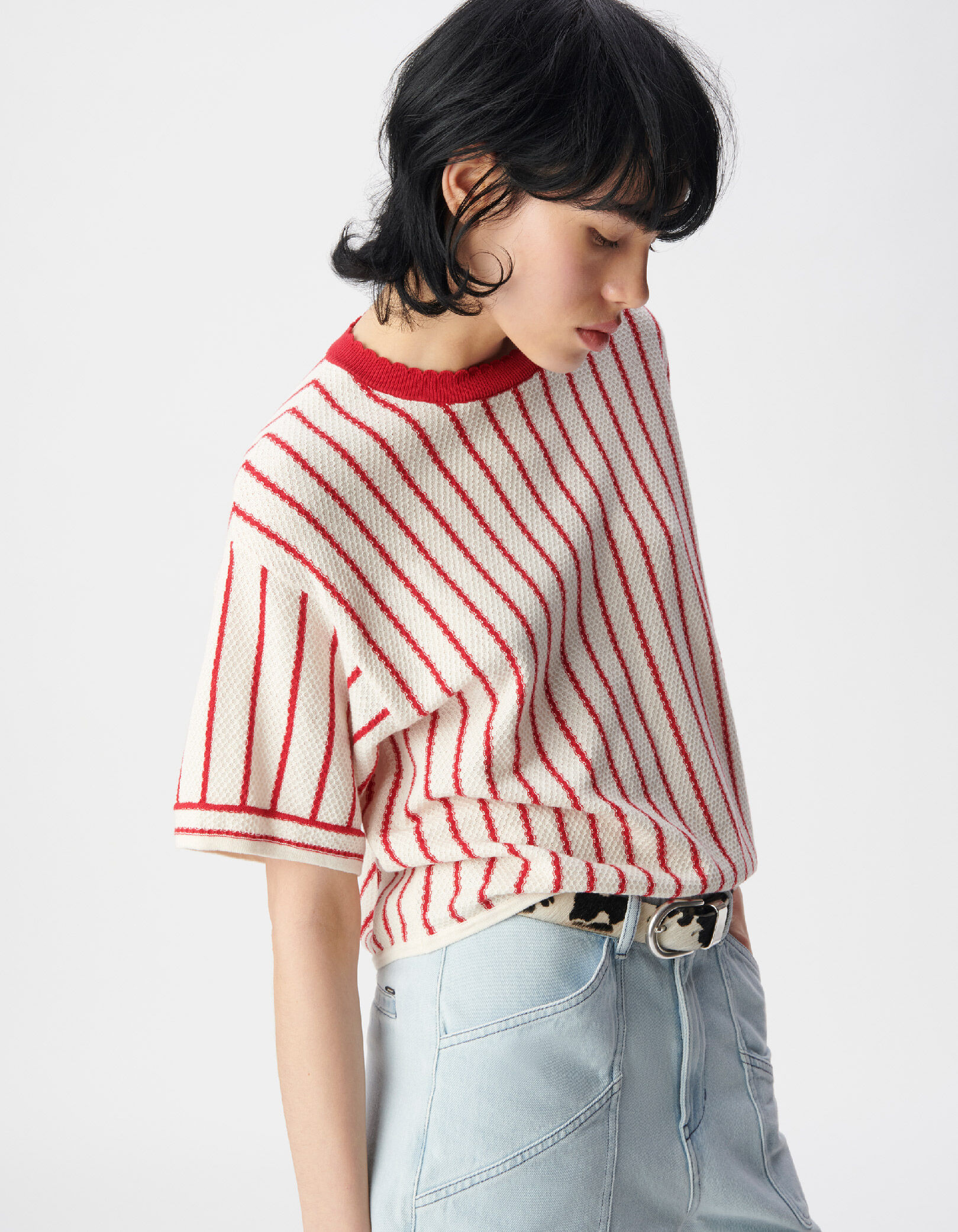 Tee-shirt blanc tricot coton bio rayures rouges Femme