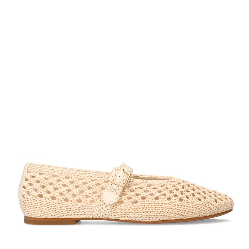 Manfield Witte raffia ballerina met gesp
