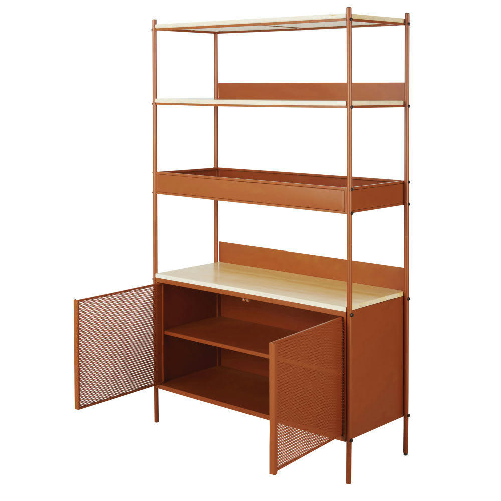 Dely - Etagère 2 portes en bois de peuplier massif et métal marron terracotta