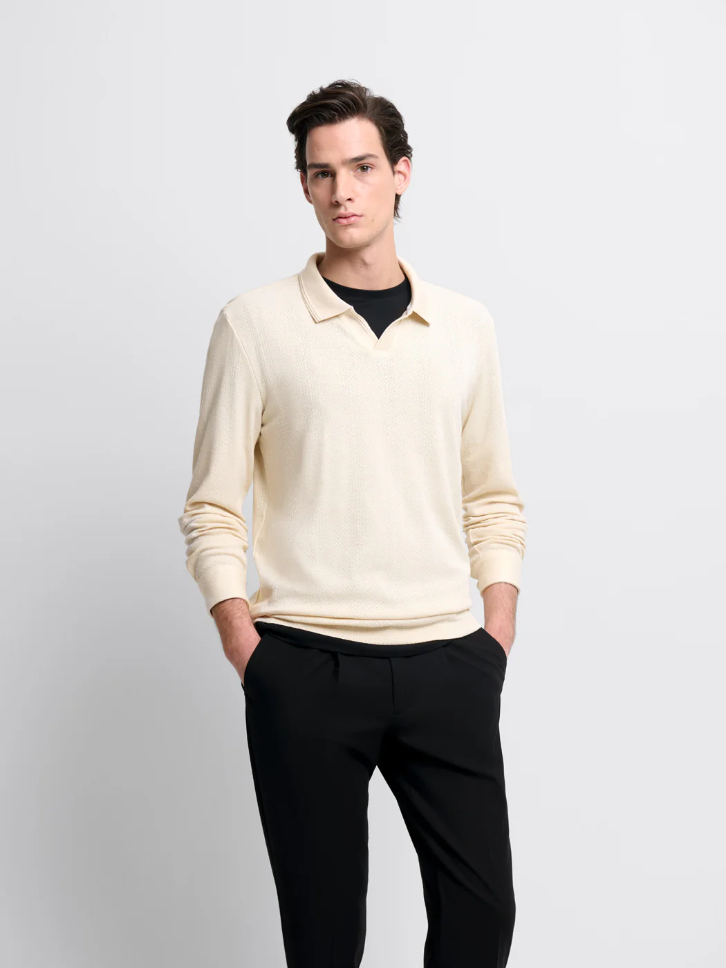 Polo manches longues col ouvert en coton