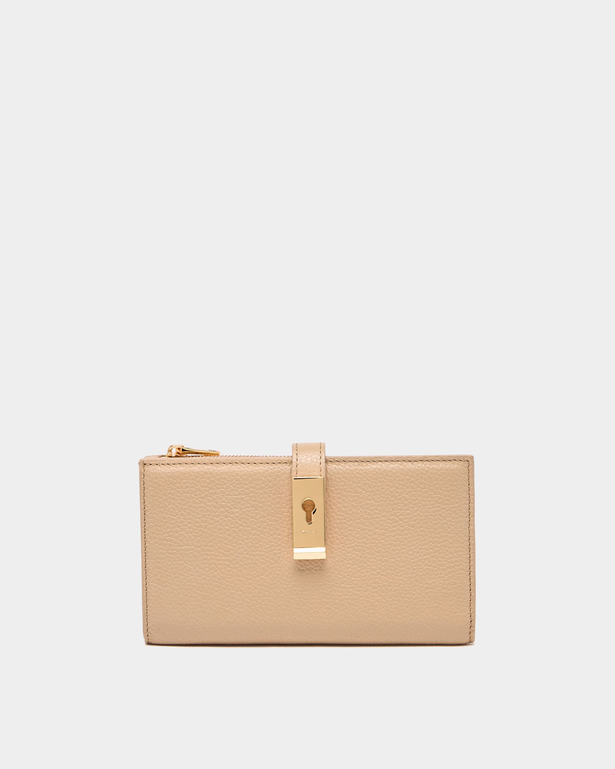 Lock Me lange Geldbörse aus genarbtem Leder in Light Beige