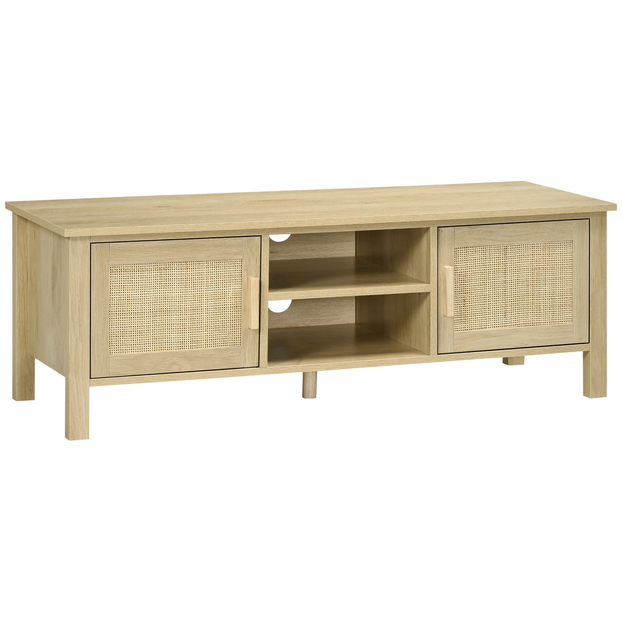 Boho-Inspired 60-Inch TV Stand with Rattan Doors and Adjustable Shelving - Wood Entertainment Center