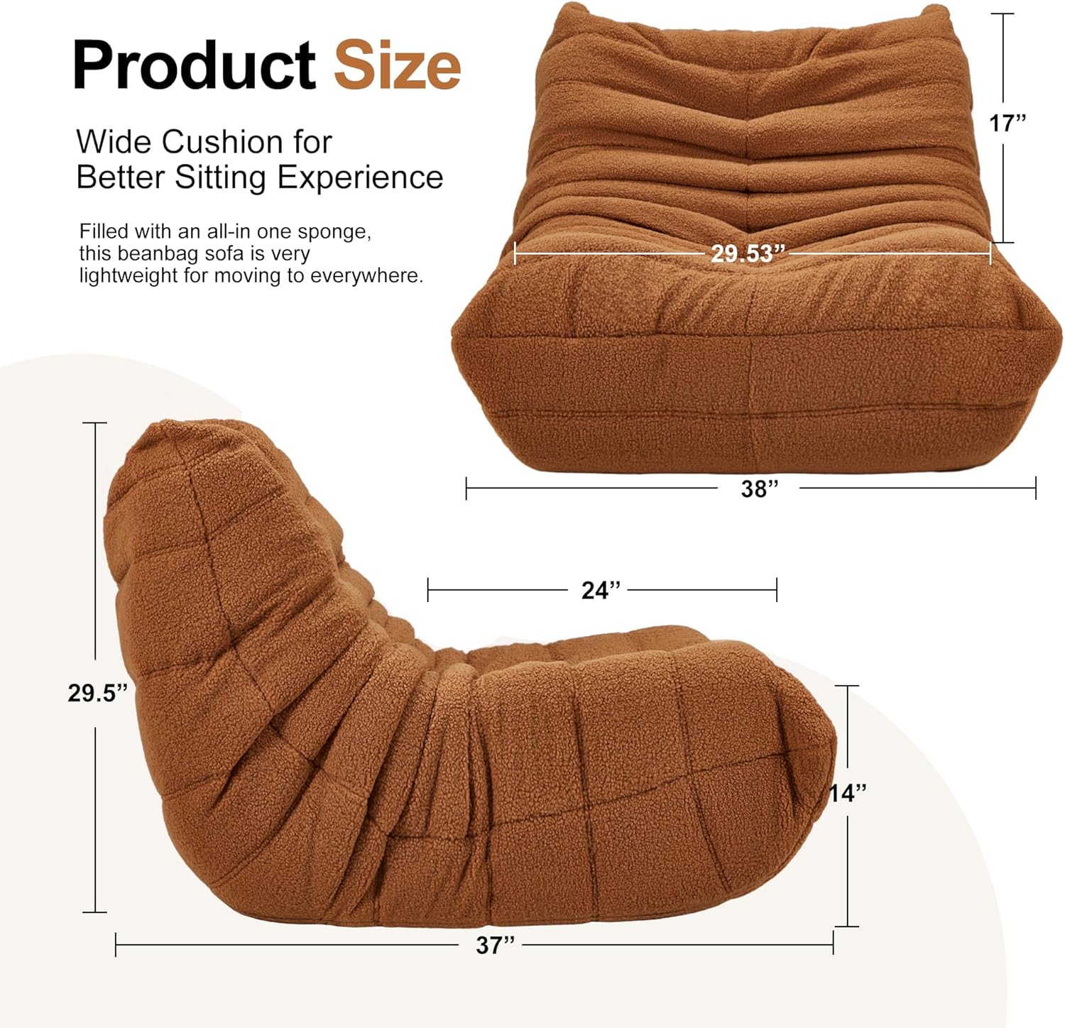 Bean Bag Chairs for Adults Giant Bean Bag Chair Memory Foam BeanBag Chair Bean Bag Sofa with Filler Faux Fur Fireside Beanbags Lazy Sofa for Living Room Bedroom Office (Brown Teddy, Single)