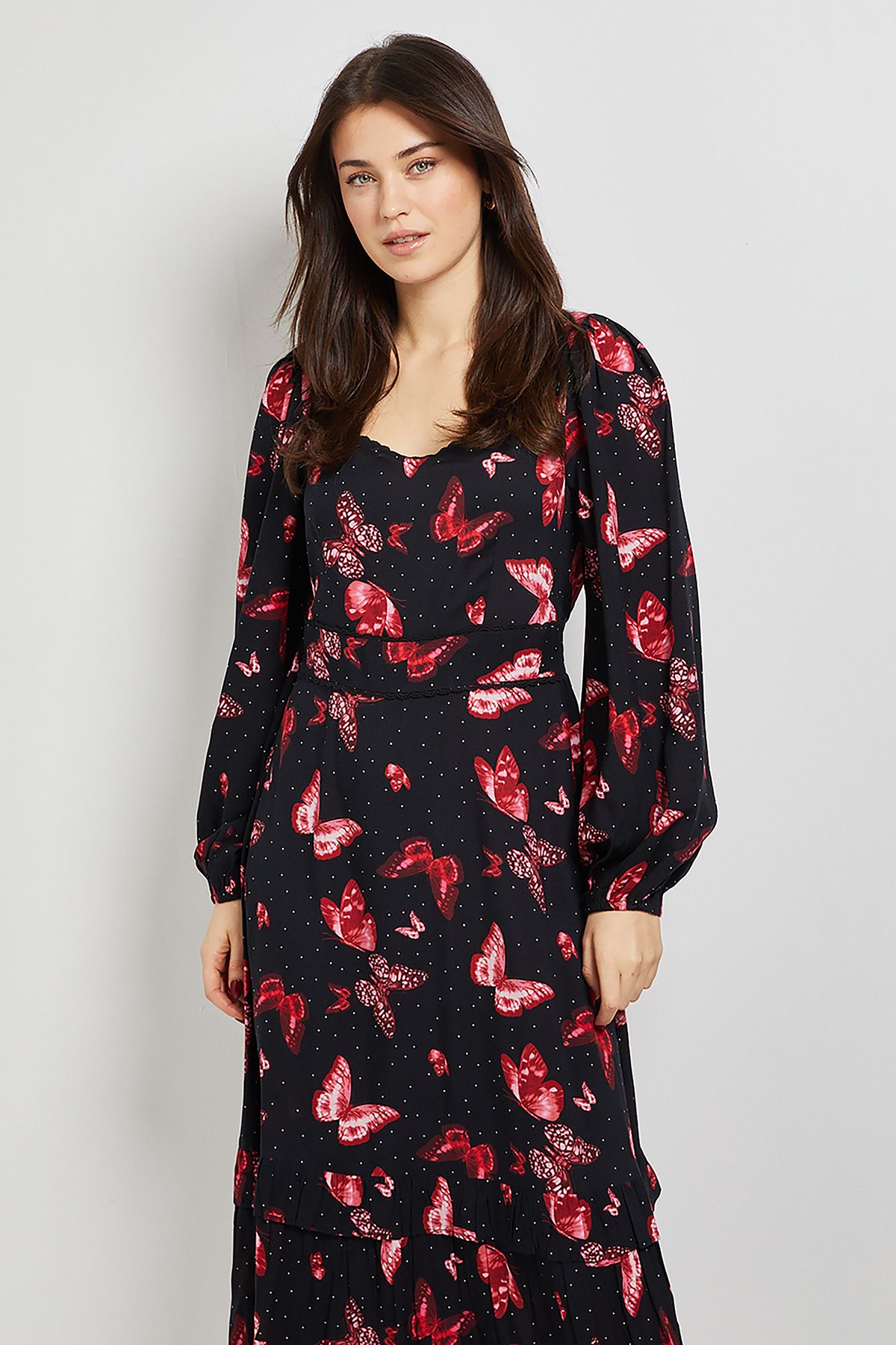 Dorothy Perkins Butterfly Sweetheart Neck Frill Tier Detail Long Sleeve Maxi Dress