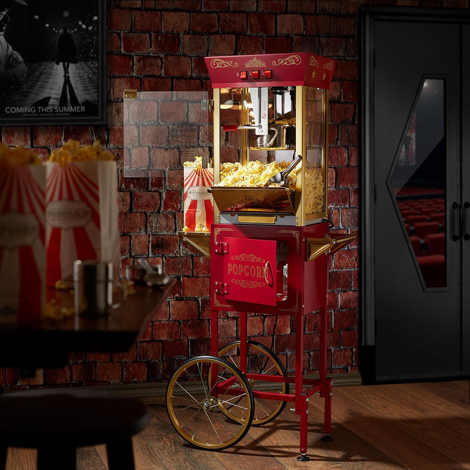 Olde Midway Movie Theater-Style Popcorn Machine Maker with Cart and 10-Ounce Kettle - Red, Vintage-Style Popper on Wheels