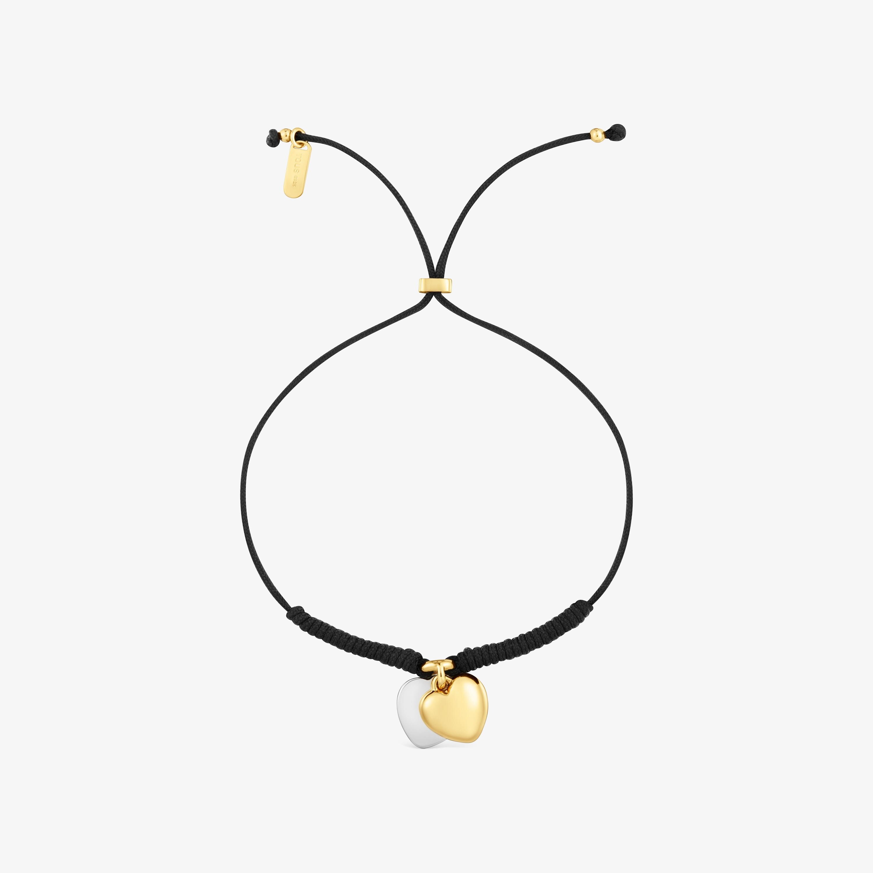 Pulsera doble corazón con baño de oro 18 kt sobre plata y nylon negro TOUS Flechazo