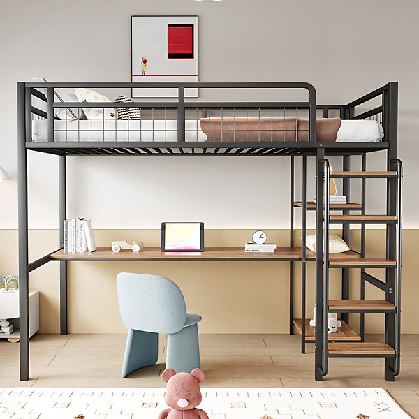 Lit mezzanine 90x200 cm enfant métal, bureau et étagères intégrés, échelle de sécurité, garde-corps métal, noir - Sans matelas