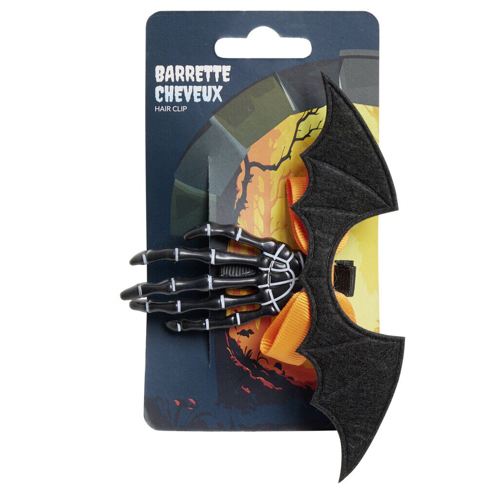 Barrette cheveux Halloween main squelette avec ailes de chauve-souris L18cm