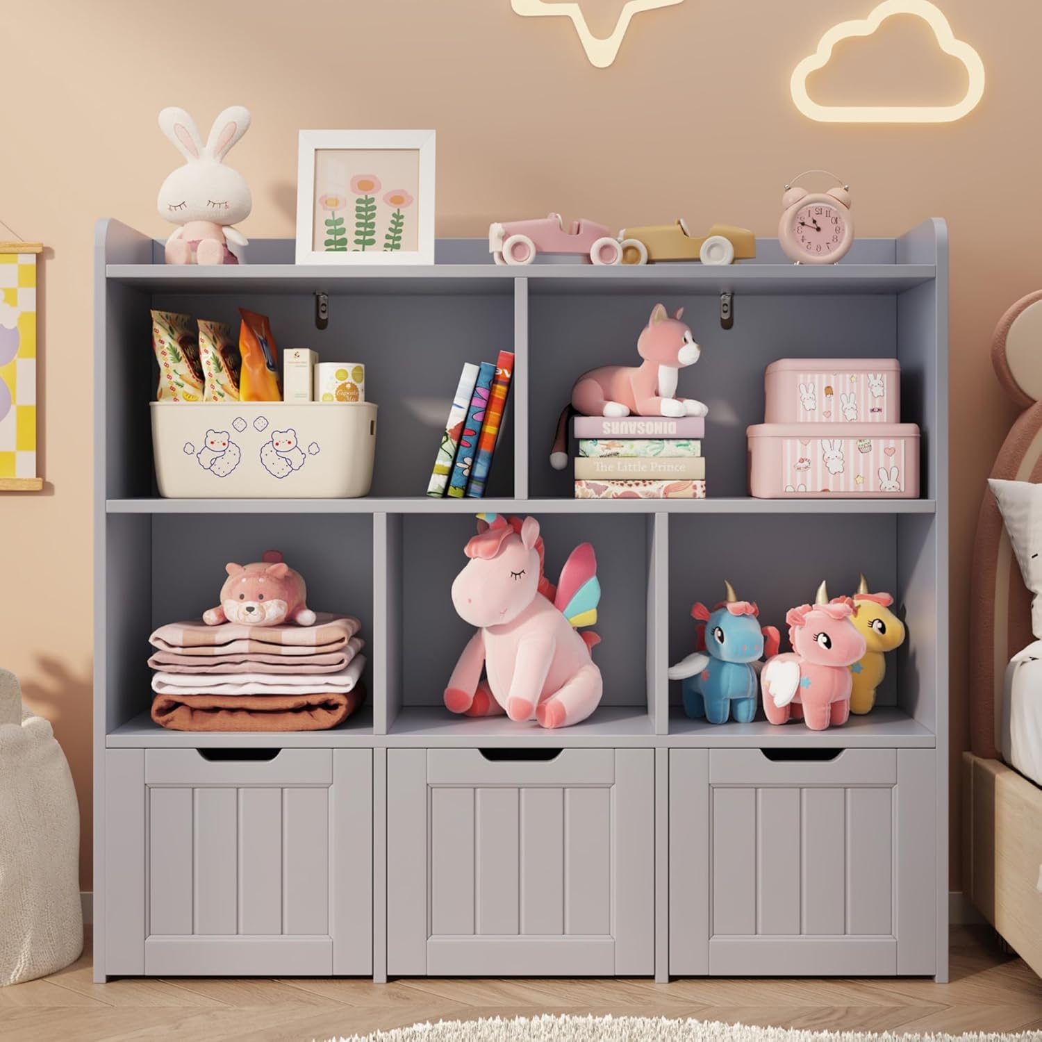 Gizoon Toy Storage Cabinet and Kids Bookcase with 3 Movable Drawers and 6 Open Shelves Featuring Fall Prevention Barrier for Playroom Nursery Kids Room Organization, Gray