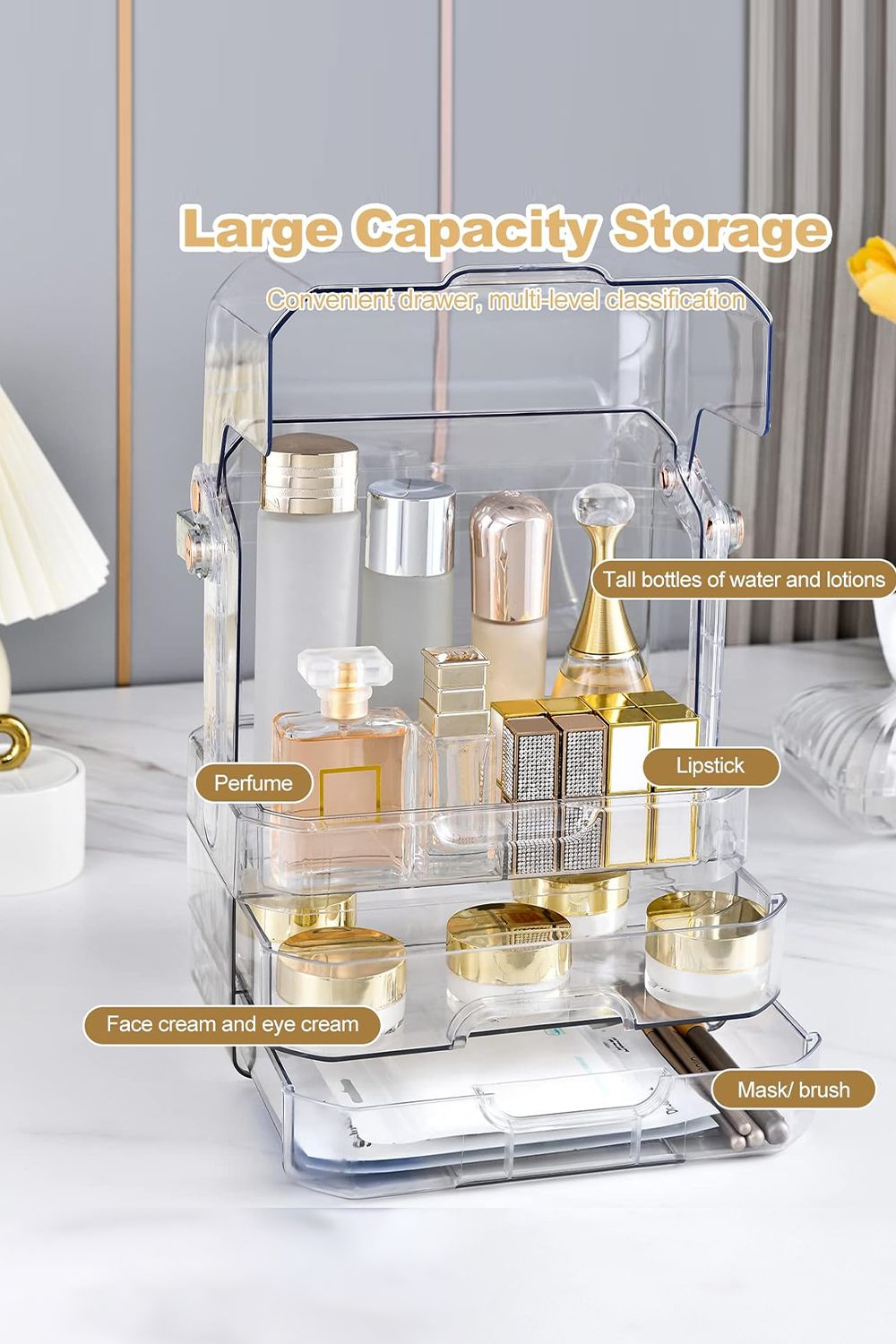 SHEONLY Clear Cosmetic Organizer Storage Box With 2 Drawers Makeup Display Storage Case