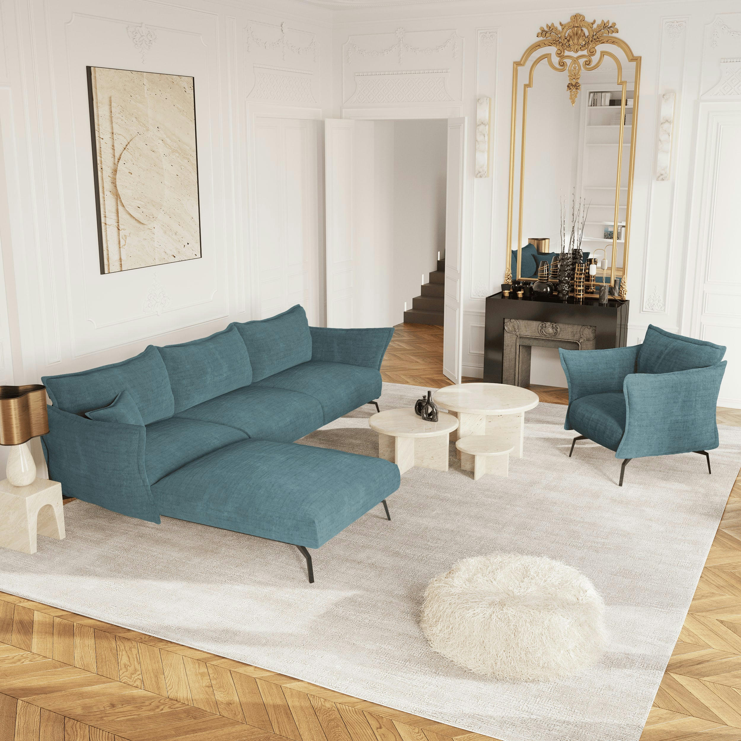 LENNY - Canapé d'angle gauche velours texturé bleu océan