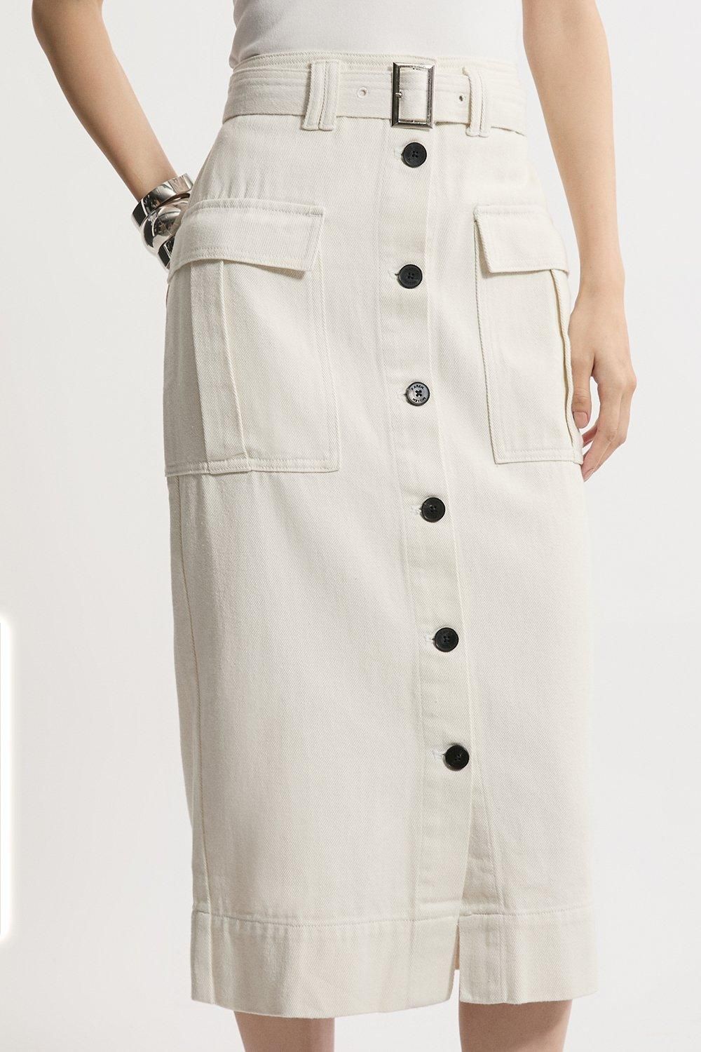 KarenMillen Denim Cargo Pocket Belted Midi Skirt