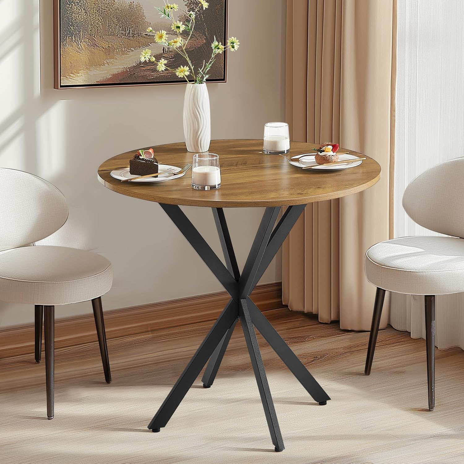 Unovivy 31.5 Small Round Dining Table for 2-4, Space Saving Circle Kitchen Dinner Table, Industrial Mid Century Modern Dining Room Desk for Kitchen, Apartment, Light Brown