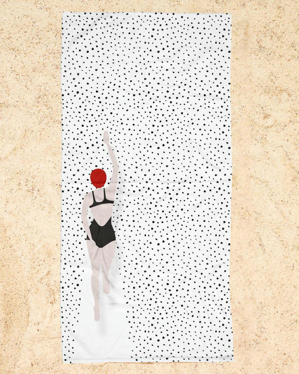 PUNKTSCHWIMMER - Serviette de plage en éponge-velours en blanc & bleu 90x180