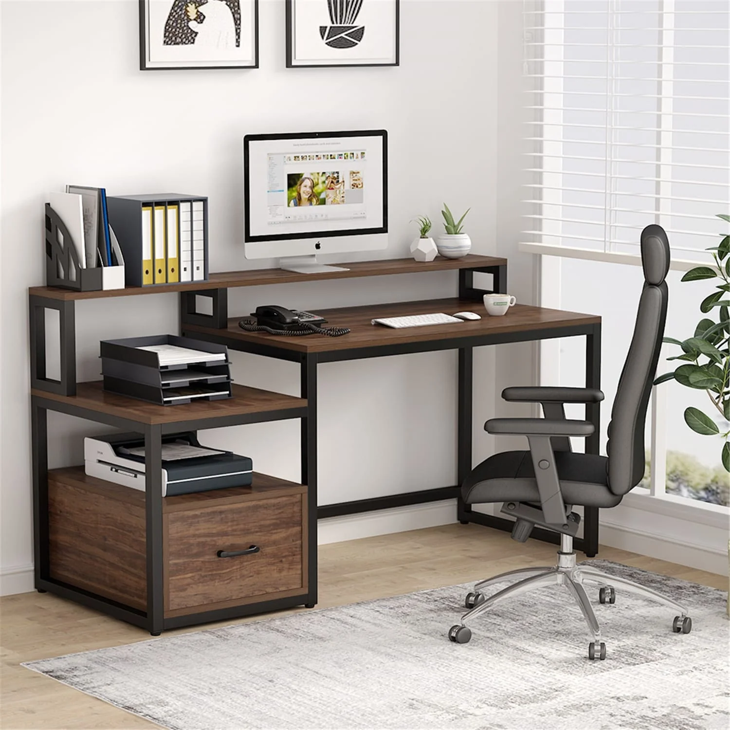 Computer Desk with File Drawer and Storage Shelves, Industrial Home Office Desk with Hutch