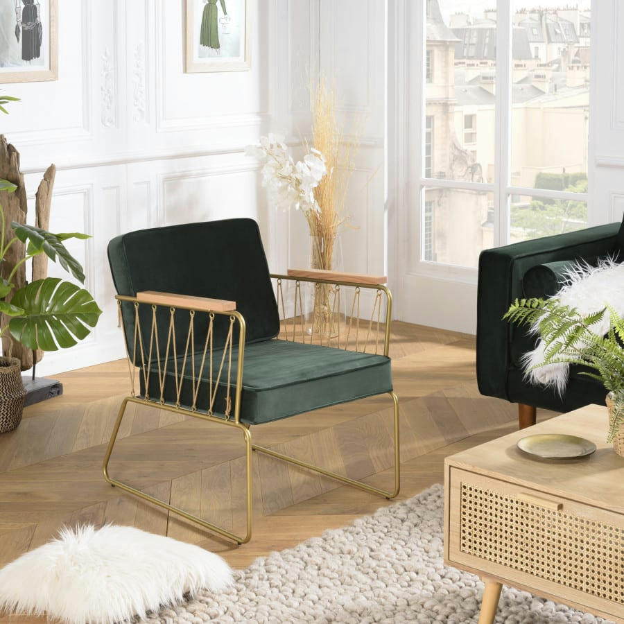 ALBANE - Fauteuil velours vert foncé pieds métal doré accoudoir cordage