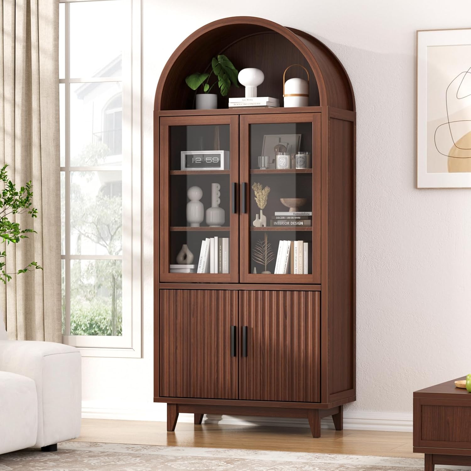FiveWillowise 71 Tall Arched Cabinet with Glass Doors, Fluted Pantry Cabinet with Solid Wood Legs, Modern Accent Furniture for Living Room, Kitchen, Dining Room, Entryway, Walnut