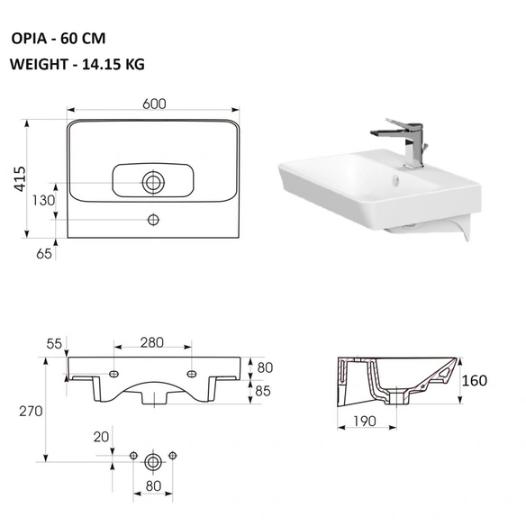 Waschtisch, »OPIA«, LxB: 60x45 cm, Keramik