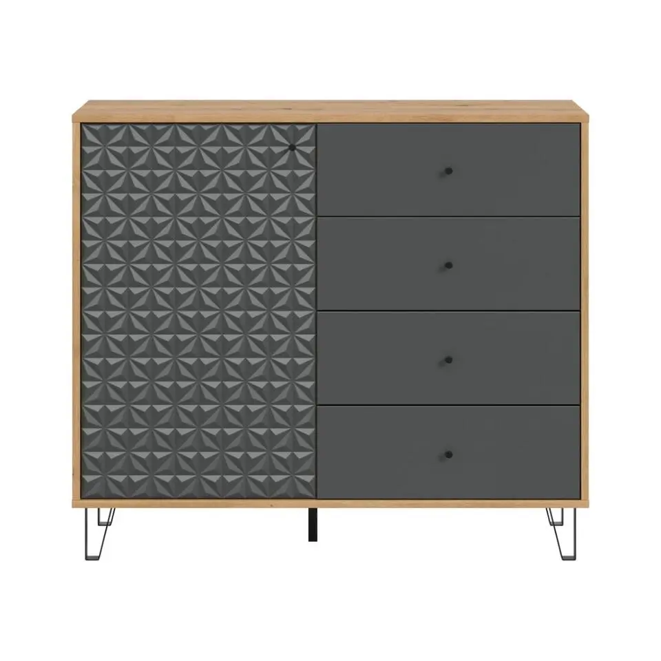 Hioshop Prisma dressoir 4 laden- 1 deur eik decor- mat grijs