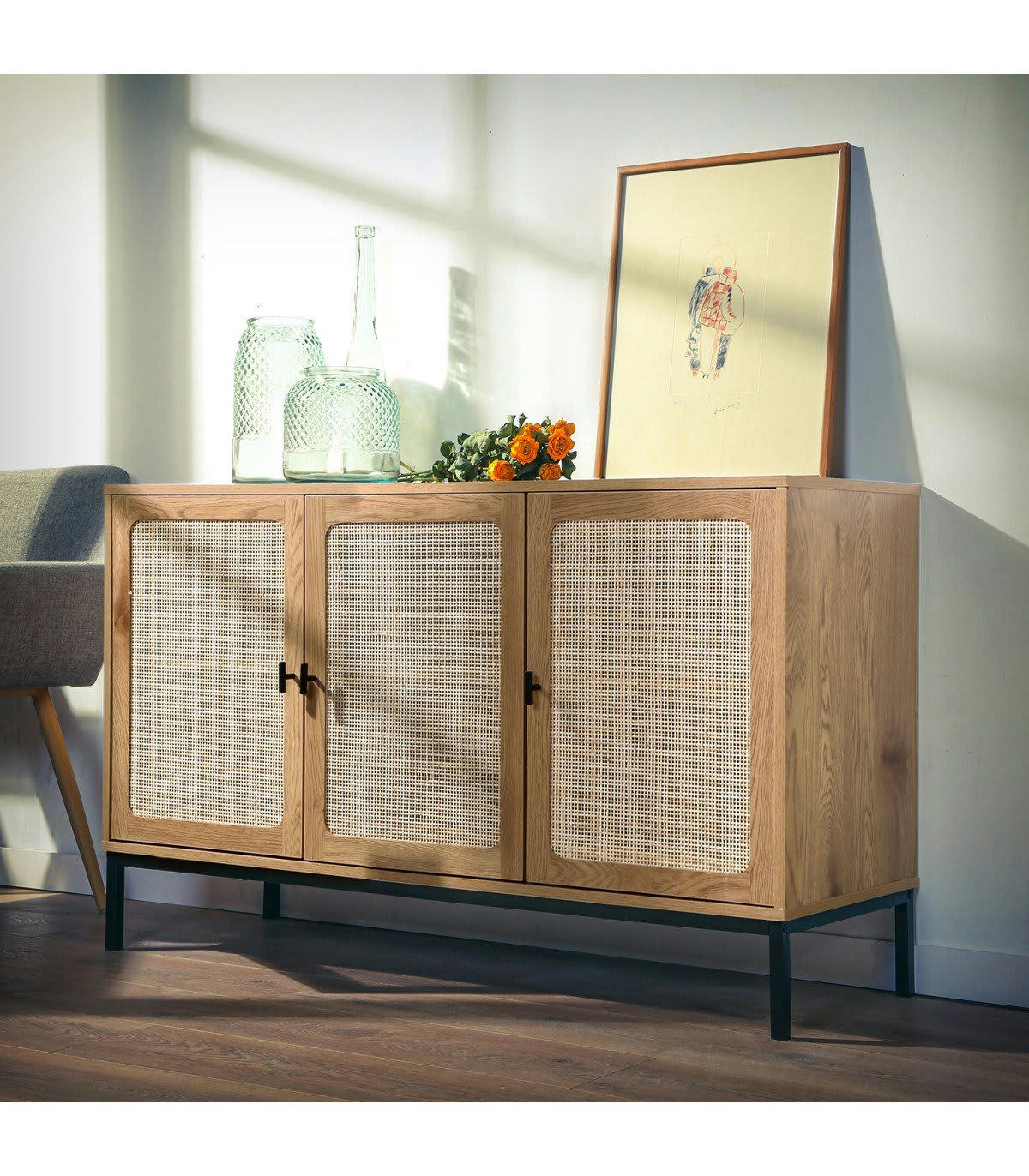 JAYA - Buffet 3 portes cannage rotin L120 cm - Décor chêne