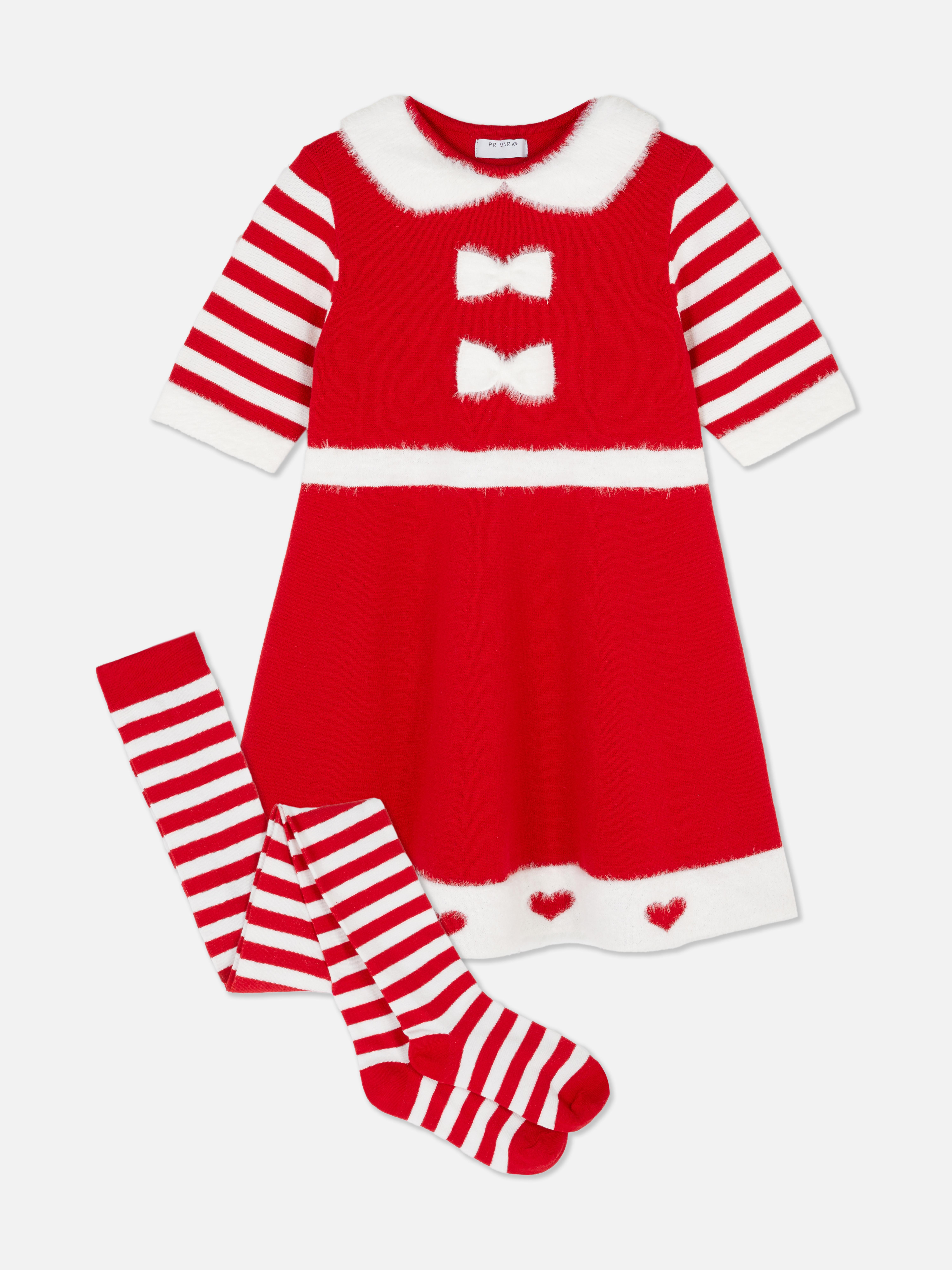 3-12yrs | Santa Christmas Sweater Dress and Tights Set