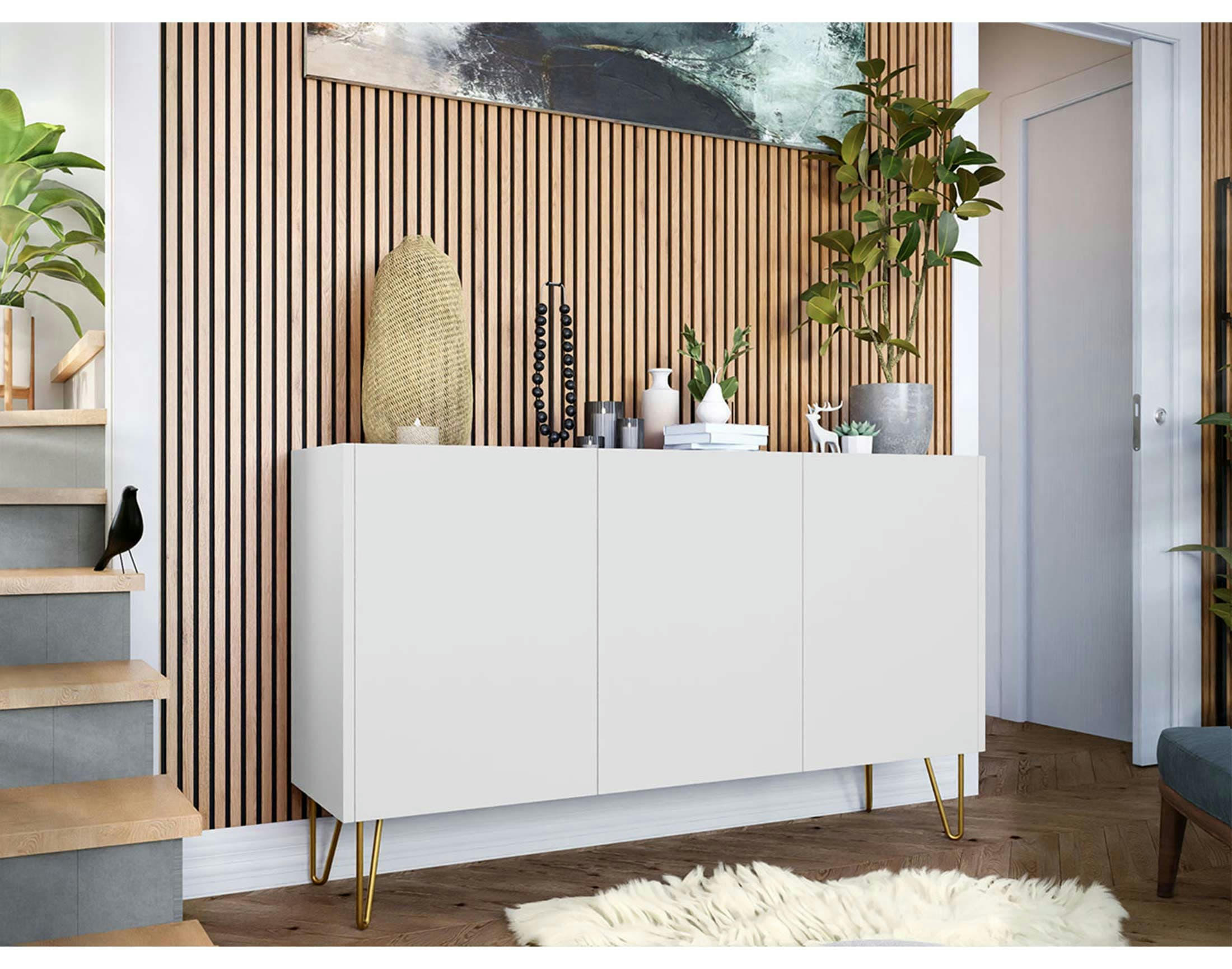 CALI - Buffet bas contemporain 144 cm blanc / doré